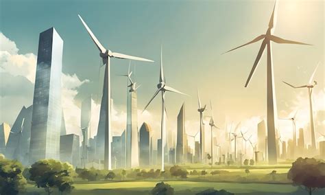 Premium Ai Image Digital Art Of A City Skyline With Wind Turbines And