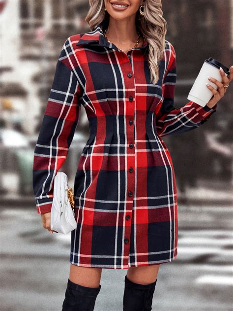 Shein Lune Plaid Print Button Front Drop Shoulder Shirt Dress Shein Uk