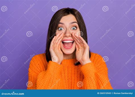 Photo Of Impressed Funky Lady Arms Near Open Mouth Tell News Isolated