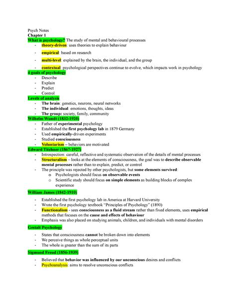 Psych Notes Midterm 1 Psych Notes Chapter 1 What Is Psychology The