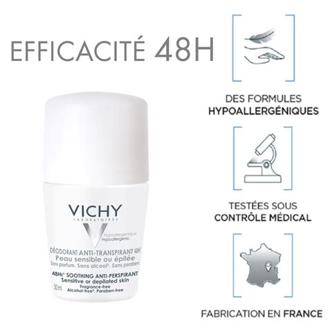 Vichy Déodorant Anti Transpirant 48h Peaux Sensibles Ou Epilées Roll On