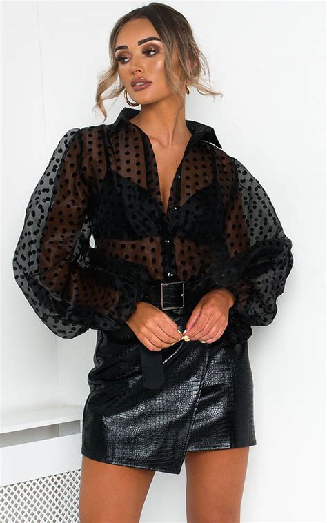 Buy Au Women Polka Dot Mesh Sheer See Through Long Sleeve Tops Blouse Tee T Shirts On Ezbuy Sg