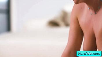Sexy Blonde Masseuse Rub Her Natural Big Boobs Covered In Nuru Gel On Her Client During Slippery