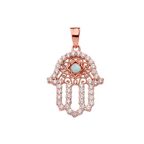 Diamond Studded Rose Gold Filigree White Opal Hamsa Charm Necklace