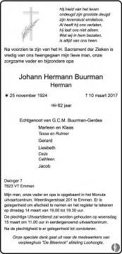 Johann Hermann Herman Buurman Overlijdensbericht En