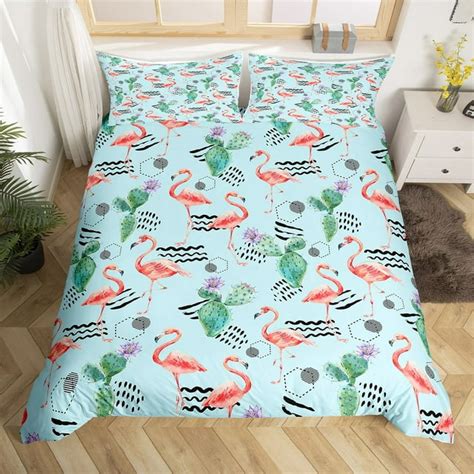 Flamingo Bedding Set Full Size For Girls Women Pink Flamingo Duvet Cover Green Rustic Farm