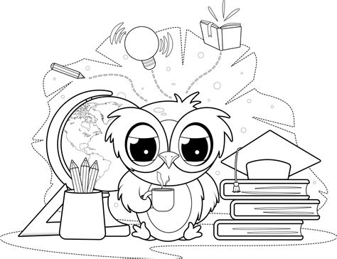 Coloring Page Cartoon Sleepy Owl With A Cup And Study Supplies