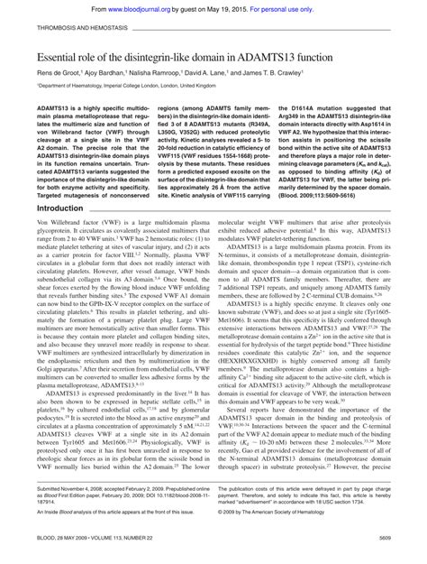 (PDF) Essential role of the disintegrin-like domain in ADAMTS13 function