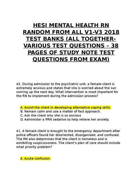 Hesi Rn Mental Health 2018 V1 V2 V3 38 Pages Of Questions And Answers From Test Docsity