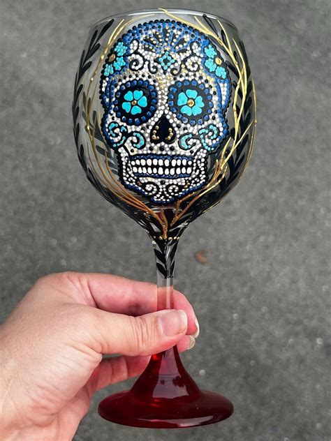 Hand Painted Sugar Skull Wine Glass Etsy