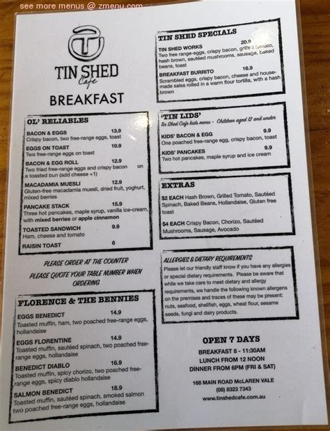 Online Menu Of Tin Shed Cafe Restaurant Mclaren Vale South Australia