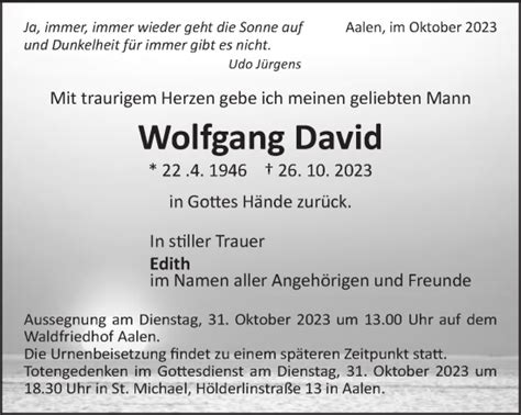 Traueranzeigen Von Wolfgang David Ostalbtrauer