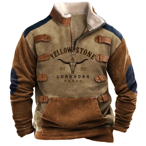 Men S Vintage Western Yellowstone Zipper Stand Collar Sweatshirt