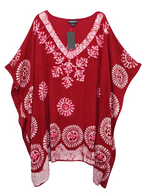 Eaonplus Dark Red Embroidered V Neck Batik Print Kaftan Tunic Top