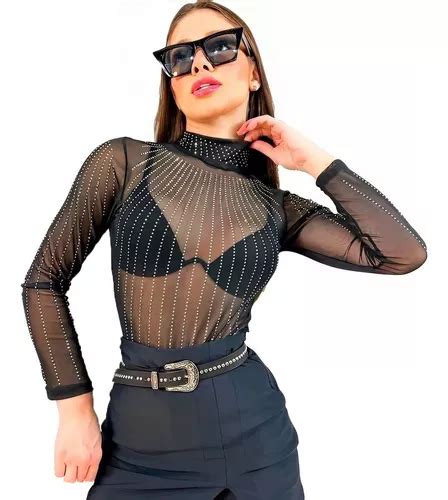 Body Feminino Brilho Preto Manga Longa Strass Arrastão Sexy MercadoLivre