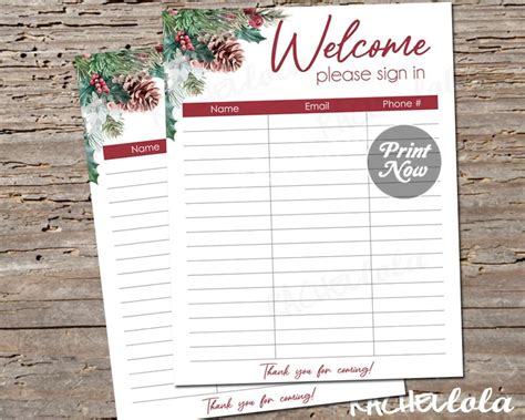 Printable Christmas Sign in Sheet, Holiday Real Estate Open House, Instant Download, Guest List ...