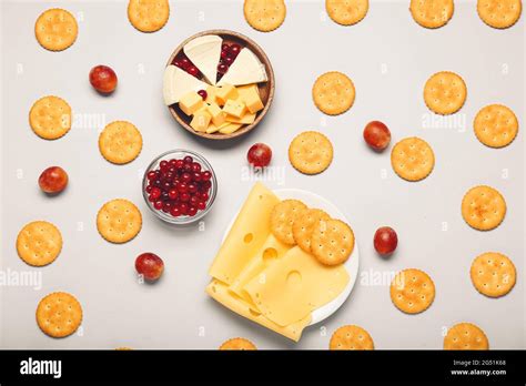 Tasty Crackers And Snacks On White Background Stock Photo Alamy