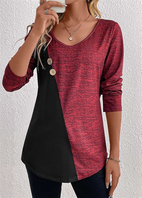 Wine Red Patchwork Long Sleeve V Neck T Shirt Modlily USD 28 98