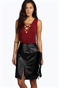 Neve Split Front Faux Leather Skirt at boohoo.com