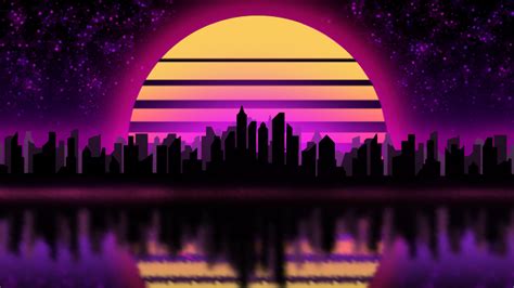 Dark Purple Starry Sky Yellow Pink Moon Buildings Hd Synthwave Wallpapers Hd Wallpapers Id