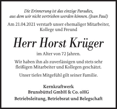 Traueranzeigen Von Horst Kr Ger Sh Z Trauer