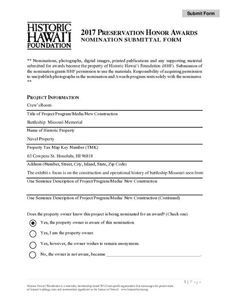 Fillable Online HONORARY SERVICE AWARD NOMINATION FORM Fax Email