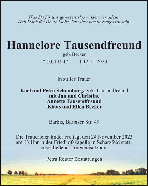 Traueranzeigen Von Hannelore Tausendfreund Harztrauer De