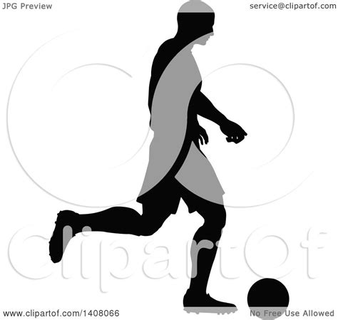 Clipart Of A Black Silhouetted Male Soccer Player In Action Royalty