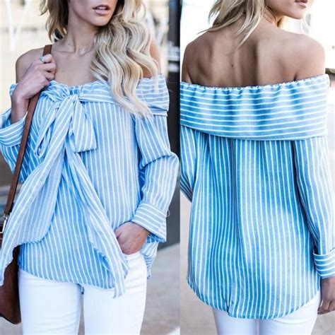 Sexy Off Shoulder Bow Tied Striped Blouse Bell Sleeves Bell Sleeve Top