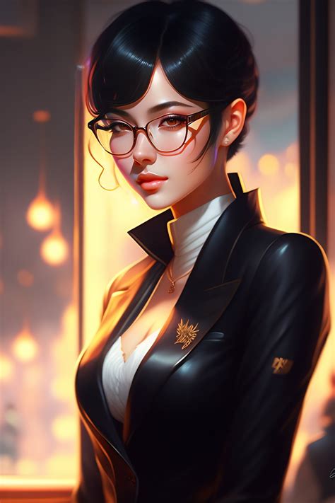 Lexica Beautiful Anime Girl With Short Black Hair Glasses Bar