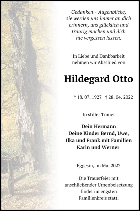 Traueranzeigen Von Hildegard Otto Trauer Nordkurier