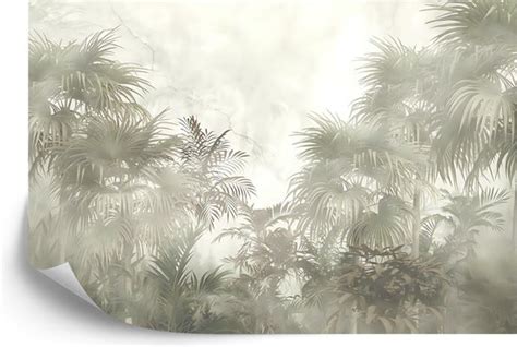 Fotobehang Tropical Trees And Leaves In Foggy Forest Wallpaper Design