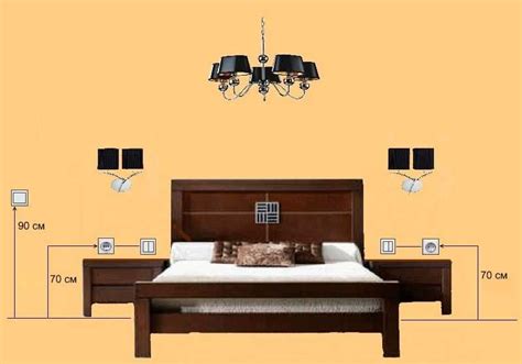 a bedroom with a bed, nightstands and chandelier in front of an orange wall