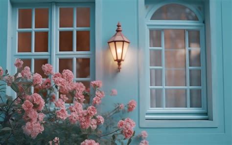 Premium AI Image | A blue house with a light fixture and flowers.