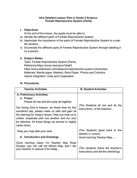 Detailed Lesson Plan Final 4a’s Detailed Lesson Plan In Grade 5 Science Female Reproductive