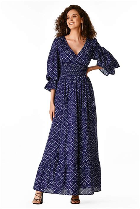 Shop Graphic Print Cotton Smocked Waist Maxi Dress Eshakti