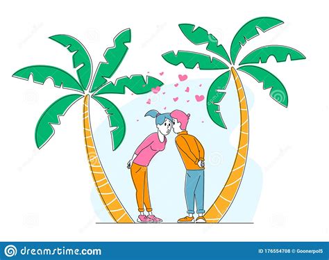 Young Sweet Couple Kissing On Tropical Nature Background With Palm