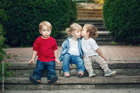 Group Of Three Cute Funny Adorable White Caucasian Children Toddlers