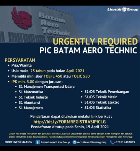 Lowongan Pekerjaan Pic Batam Aero Technic Aeronautika Sttkd