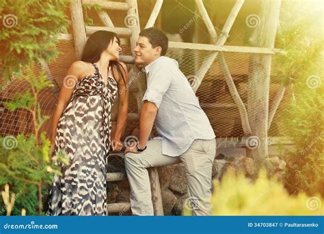 Young Couple Flirting Outdoors Portrait Stock Image Image Of