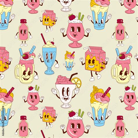 Seamless Pattern With Cute Happy Funny Milkshake 30s Cartoon Mascot