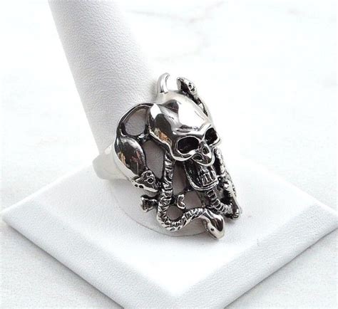 L Stainless Steel Skull Ring With Snakes Rats And Bones Ebay