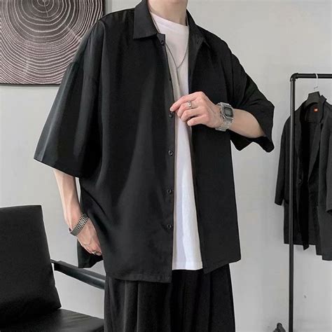 Xiaozhaodai Half Sleeve Shirts Men Solid Color Loose Oversize S