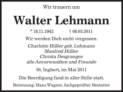 Traueranzeigen Von Walter Lehmann Saarbruecker Zeitung Trauer De