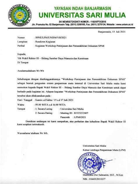 Surat Undangan Kegiatan Peninjauan Dan Pemutakhiran Dokumen Spmi Wr Iii