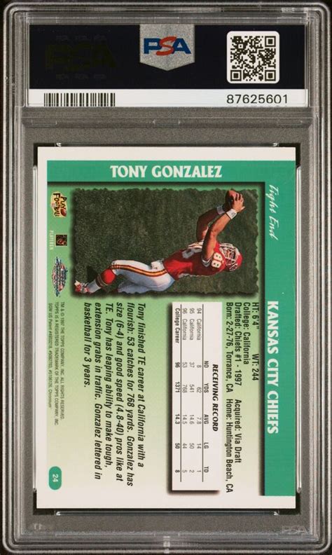 1997 Topps Chrome TONY GONZALEZ 24 ROOKIE RC Chiefs HOF PSA 9 MINT EBay