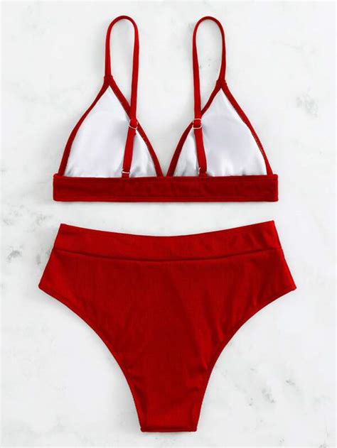 Shein Swim Basics Rib Knit Bikini Set Triangle Bra Top High Waisted