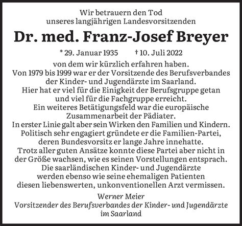 Traueranzeigen Von Franz Josef Breyer Saarbruecker Zeitung Trauer De