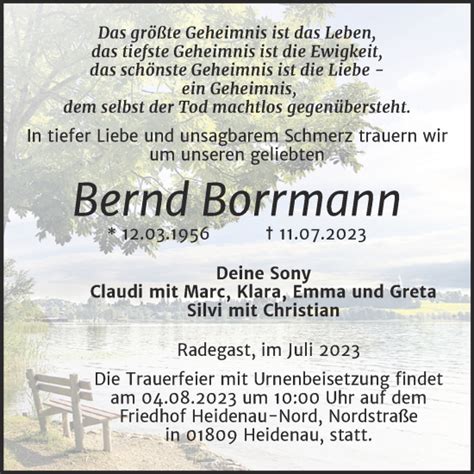 Traueranzeigen Von Bernd Borrmann Abschied Nehmen De