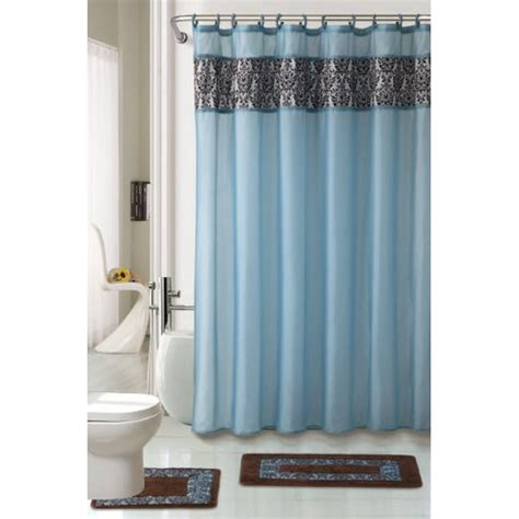 4 Piece Luxury Majestic Flocking Blue Bath Rug Set/ 3 Piece Bathroom Rugs with Fabric Shower ...